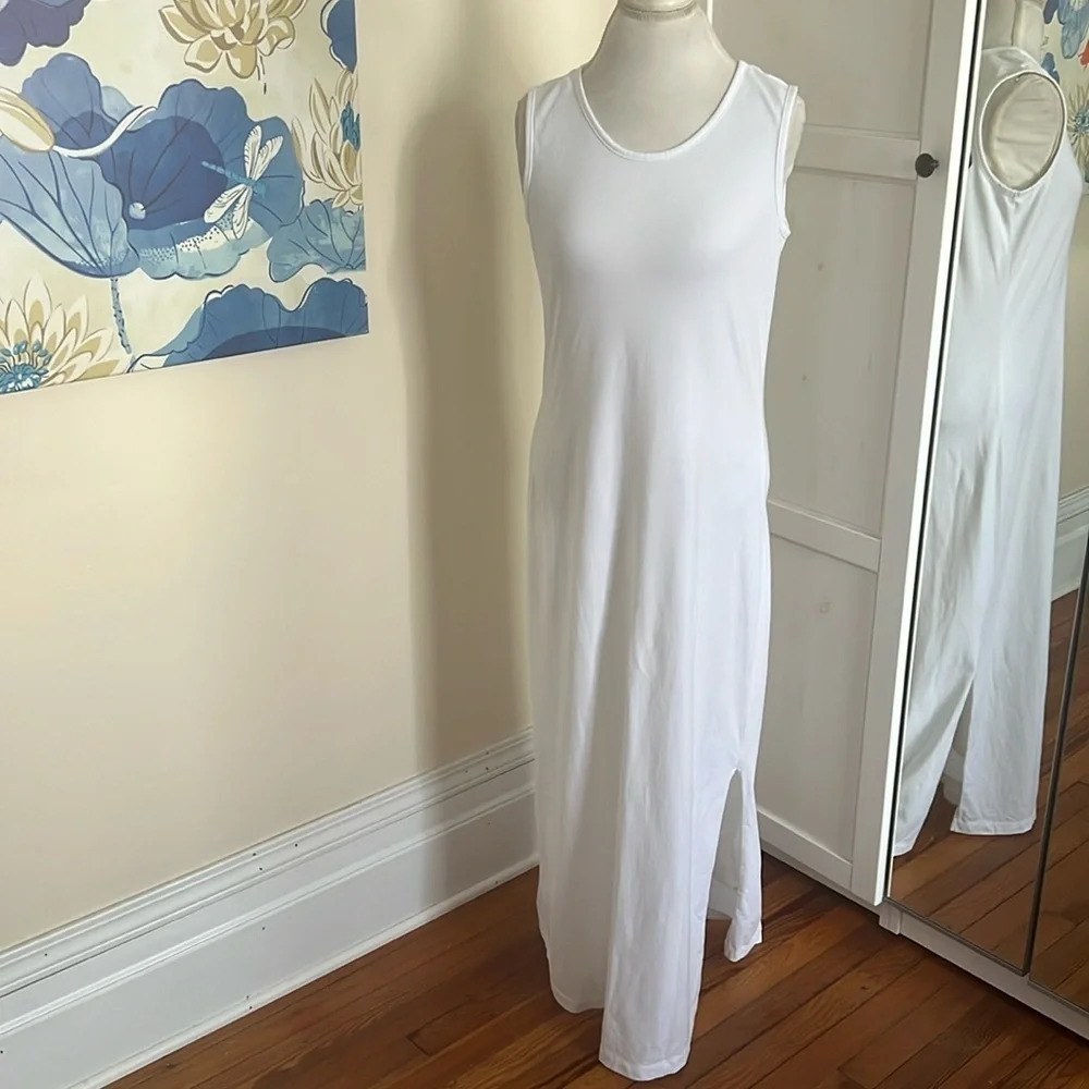 Lands' End White T-Shirt Style Maxi Dress with Side Slit - Size 6-8/S